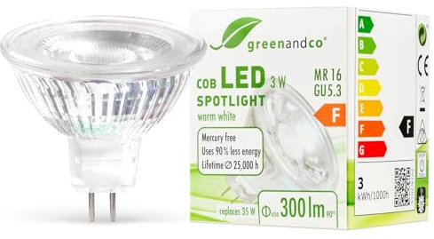 greenandco MR16 GU5.3 | ersetzt 35W | warmweiß 2700K | 3W 300 lm | 38° | flimmerfrei | COB LED Spot | 12V AC/DC | nicht dimmbar