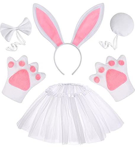 Hifot Costume Lapin，Oreilles de Lapin Bandeau Jupe Pattes Queue,Lapin de 6 pièces,Deguisement Halloween Enfant Fille