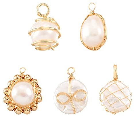 Pandahall 10pcs Freshwater Pearl Charms Wire Wrapped Pearl Pendants for Jewelry Making Real 18K Gold Plated Copper Wire