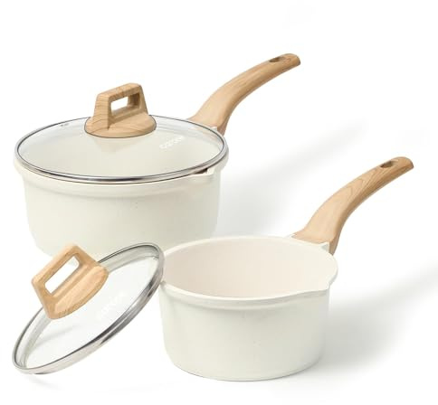 CAROTE 1.5Qt & 3.0Qt Sauce Pan Sets with Lid Cooking Pots Nonstick Saucepans Cookware Set with Pour Spout Small Kitchen Pot, Induction Comptable, Easy to Clean, PFOA FREE (White Granite)