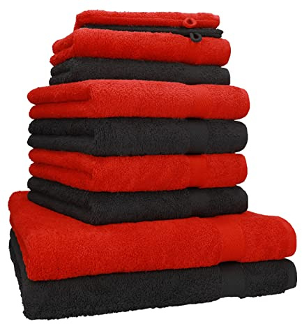 Betz 10-TLG. Handtuch-Set Premium 100% Baumwolle 2 Duschtücher 4 Handtücher 2 Gästetücher 2 Waschhandschuhe Farbe Rot und Schwarz