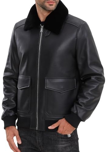 SILVER FASHIONS Leather Jacket Men,Lambskin Bomber Jacket with Removable Real Fur Collar,Front Zip Closure, Multiple Pockets (as1, alpha, l, regular, regular, BLACK)