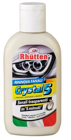 Rhutten, Crystal 5, Rinnova Fanali Auto in 5 Minuti, Crema Lucidante Fari Gialli e Opachi, Ridona Trasparenza Plastica Dura, Rinnova Fari Veloce, No Carta Abrasiva, Facile, 80ml