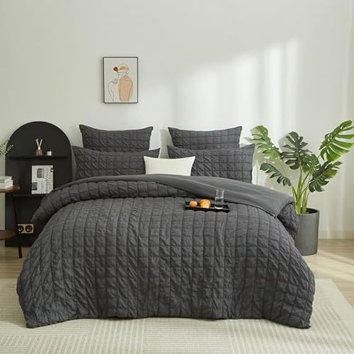 Gezu Seersucker - Juego de ropa de cama de 135 x 200 cm, diseño de cuadros, color gris, transpirable, microfibra, ropa de cama de verano y 1 funda de almohada de 80 x 80 cm, con cremallera