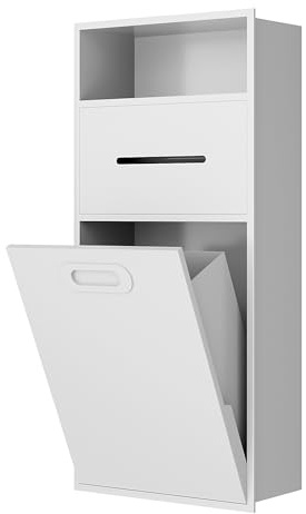 6.2 Gallon Bathroom Trash Can Tilt Out Trash Bin Cabinet, Hidden Trash Can Cabinet Recessed Wall Mounted Stainless Steel with Toilet Paper Holder For Bathroom/Bedroom/Office Renovation, White