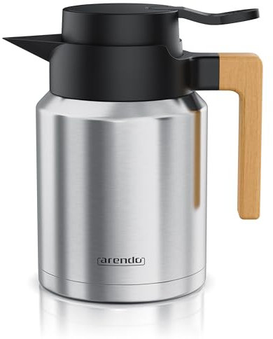 Arendo - Thermoskanne 1l Edelstahl – doppelwandig – 1200 ml – SUS 201/304 Edelstahl – Griff aus Buche Echtholz - Quick Tip-Verschluss - auslaufsicher – abnehmbarer Deckel - BPA-frei