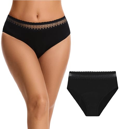 Culotte menstruelle étanche pour femme en viscose de bambou réutilisable avec 4 couches de protection absorbante lavable et antibactérienne, 1 pièce dentelle noire, 48
