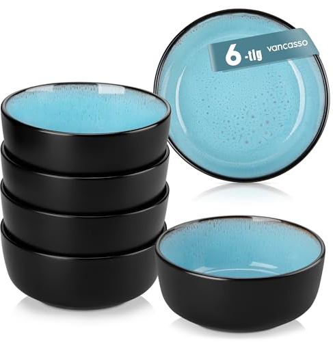 vancasso AMBER Lot de 6 Bols à Céréales - 840ml - Bols à Soupe en Grès - Passe au Lave-vaisselle et au Micro-ondes, Saladiers Pour Muesli, Flocons de Maïs ou Petit-déjeuner, Glaçure Bleu
