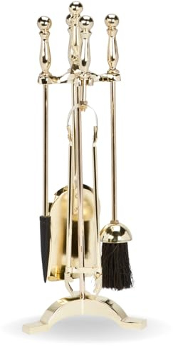 CAPRICAN All Brass Fireplace Companion Set 5 Piece – Fireside Tools with Turn Handles, Poker Shovel Brush Tongs & Stand – Traditional Brass Fire Tool Set for Stoves, Log Burners & Fireplaces (FIRE35)