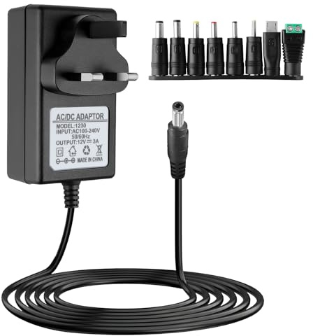 Universal Power Supply Cable Adapter UK 12V 3A 36W AC to DC with 8 Tips Connectors 100-240V 50-60Hz for BT-Openreach ONT CCTV Camera Speakers Alexa Echo Dot Household Electronics LED Strips Router