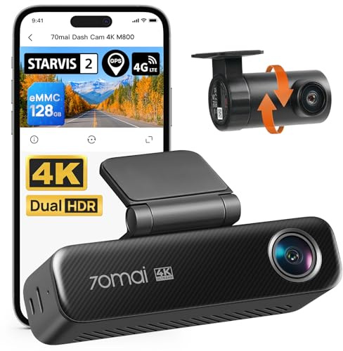 70mai Dash Cam Auto 4K M800 Anteriore e Posteriore, STARVIS 2 IMX678 Super Visione Notturna e Apertura F1.7, Doppio HDR, Supporto 4G LTE e Wi-Fi 5GHz, eMMC da 128 GB Integrata, GPS, Controllo Vocale