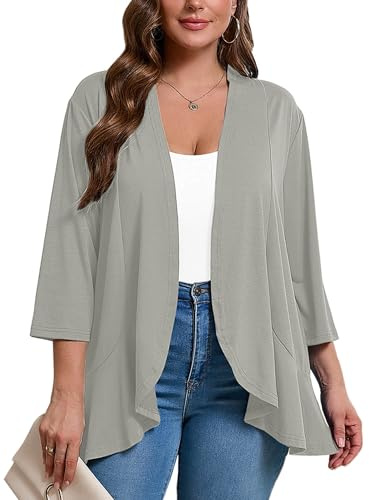 AusLook Women's Plus Size 3/4 Sleeve Lightweight Open Front Cardigan Light Gray 4X Draped Ruffles Causal Cover Ups Shrugs Tops Shawls and Wraps Kimono Jacket Coat