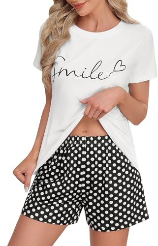UMIPUBO Pijama Mujer Verano Manga Corta Conjunto Pijamas Dos Piezas Cuello Redondo Estampado Top y Punto de Onda Pantalón Corto Cintura Elástico Suave y Cómodo Ropa de Casa Dormir Casual (Blanco, M)