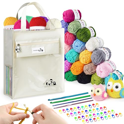YINVA Crochet Kits for Beginners Adults Yarn Knitting Wool 27 Colors Acrylic Yarn with Aluminum Crochet Hooks Set Storage Case Stitch Markers - Cream