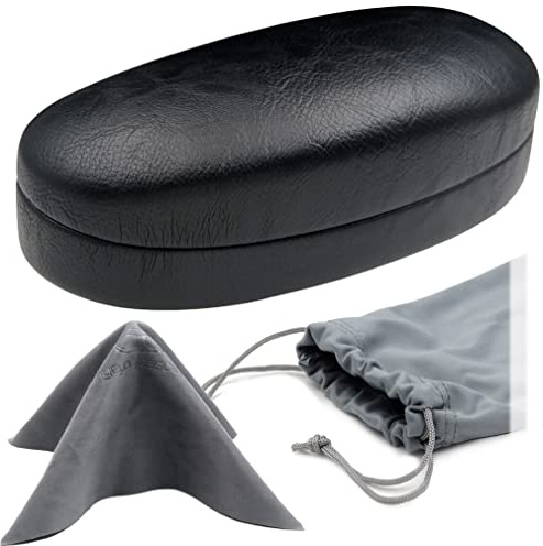 MyEyeglassCase - Glasses Case hard shell - Eyeglass Case Hard shell in Distressed Leather - Sunglass Case with Microfiber Pouch & Cleaning Medium to Large Men & Women (AS113 Black Z)