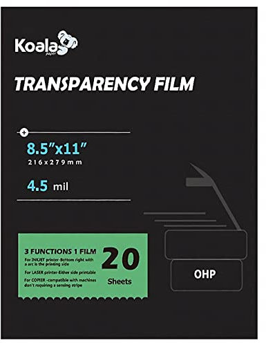 Koala Transparenzfolie für Tintenstrahl-/Laserstrahldrucker – 21,6 x 27,9 cm, 20 Blatt, bedruckbares Transparenzpapier für OHP-Film-Overhead-Projektor-Filme oder Bastelprojekte