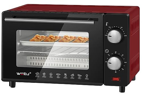 WOLTU Mini Four Électrique 10L, Petit Four à Pizza avec 4 Modes de Cuisson pour Gâteau, Poulet, Viande, Poisson, 100-230℃, Minuterie 0-60 min, 650W, Rouge