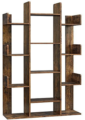 VASAGLE Bookshelf, Tree-Shaped Bookcase with 13 Storage Shelves, Rounded Corners, 9.8”D x 33.9”W x 55.1”H, Rustic Brown ULBC67BXV1