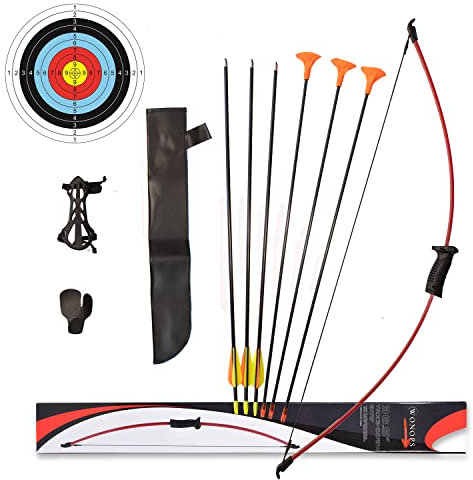 Pfeil und Bogen Kinder ab 6 Jahren, Bogenschießen, Recurvebogen 10 lbs, 3 Saugpfeile, Fiberglas, Zielscheibe und Zubehör - Bogenschießen für Anfänger Kinder und Erwachsene