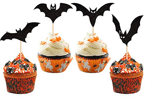 24 Stück Halloween Cupcake Toppers Bat Cupcake Picks Fledermaus Muffin Dekoration for Happy Halloween Theme Baby Shower Birthday Party Cake Decorations Supplies Schwarz…