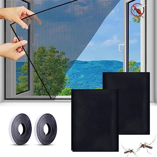 2 Stück Moskitonetze für Fenster, 130 x 150 cm Fliegengitter Fenster, 2 Rollen Selbstklebeband, für Fenster hält Käfer/Mücken Draußen für schützen die Familie vor Insekten (Schwarz)