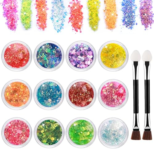 Giantree Festival Paillettes Visage avec 2 Pinceaux à Double Tête en Coton - 12 Couleurs pour Déguisement Festif, Ongles, Cheveux, Lèvres, Corps - Christmas Maquillage Glitter (Couleur 2)