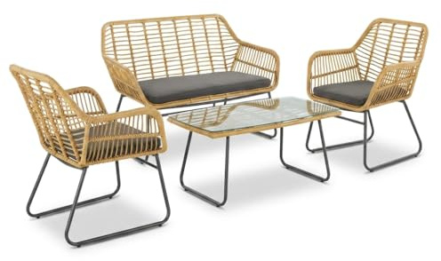 Bravich Juego de muebles de jardín de ratán de 4 piezas, juego de patio con 2 sillas de jardín de mimbre, sofá al aire libre y mesa de café con parte superior de cristal. Mesa y sillas de ratán para