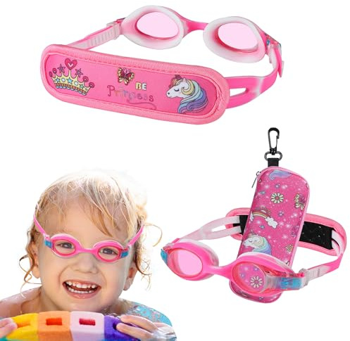 RUIGAO Swim Goggles For Kids 3-6, Toddler Swimming Goggles with Case/Padded Fabric Strap/No Hair Pull