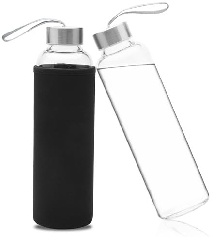 ZMDMAH Glasflasche 550ml Trinkflasche Wasserflasche Glas mit Neoprenhülle Trinkflasche aus Glas mit Schutzhülle und Edelstahldeckel Glastrinkflasche für Sport, Büro, Schule & Outdoor