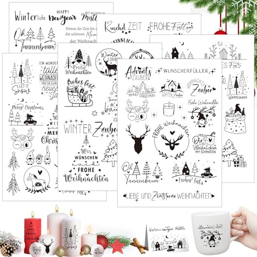 Rub On Sticker Natale, 6 Pezzi Easy Rub Ons, Pellicola Divertente per Raysin Keraflott, Mobili in Vetro di Legno, Transfer Adesivi Fai Da Te Decorazione Buon Natale