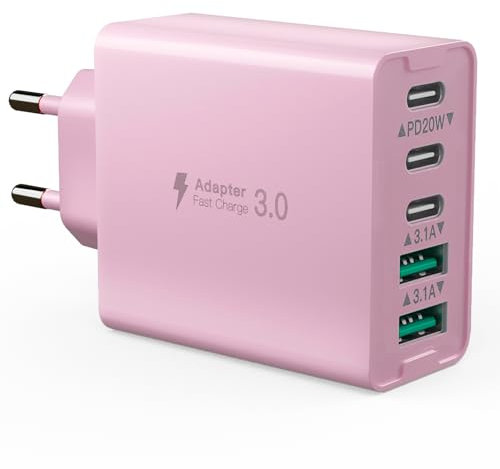 Cargador USB C, 5 Puertos Bloque de Carga rápida de 50W 3 USB C + 2 QC, Cargador Rápido PD 20W, Tipo C Alimentación Adaptador, Compatible con iPhone 12/13/14/15/Samsung S24/23/S22/Galaxy (Rosa)