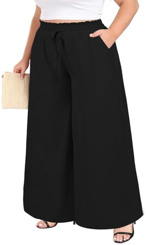 Moon Wood Pantalon Femme Grande Taille Haute Été Long Léger Fluide Elastique avec Poches Noir 5XL