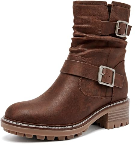 Ruiee Women's Ankle Boots Slouchy Flat Ladies Booties Low Chunky Heeled Riding Combat Boot Comfortable Casual Round Toe Short Boots for Women.240963 Brown BMF UKSize7.5