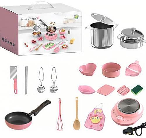 22Pcs Kids Cooking Sets Real, Real Cooking Kitchen Accessories, Kid Safe Montessori Mini Kitchen Tools with Electric Furnace,Pot,Knife ect for Aged 3+ Boys Girls Food Making, Education Tools (Pink)
