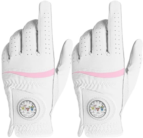 AXKAL Premium Comfortable Women's Golf Gloves with Ball Marker 2 Pack, All Weather Grip Soft Glove for Left Right Handed Golfers, Regular Breathable Fit Gift for Ladys (White, M Left)