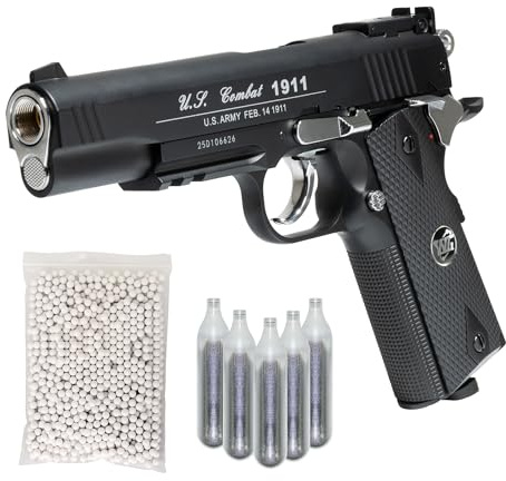 Pistola Softair Coltt 1911 CO2 Full Metal, Pistola a Pallini Scarrellante con 10 Bombolette, 1000 Pallini 6mm, Pistole Softair, Airsoft, colore nero, potenza 0,90 joule (NERA/NERA)