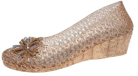 Generisch Sandalias de cuña para mujer con aspecto de gelatina con purpurina, zapatos de cuña transparentes con acabado metálico | Zapatos festivos para fiestas y ocasiones de verano, Estilo L02 Oro