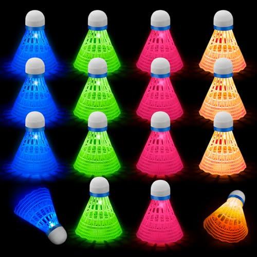 Alaoo Glowing Badminton Balls, 16Pcs Glowing Badminton Shuttlecock for Nighttime Use, Light Up Shuttlecock for Sports Activities Indoor and Outdoor, Green, Red, Orange, Blue