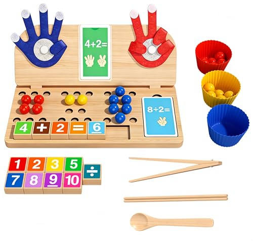 Montessori Math Learning Toys for 3-5 Years Old Wooden Math Counting Toys – Counting Board with Finger & Number Tracing,Number Cognitive Clip Bead, Educational Preschool Math Toys for Toddlers