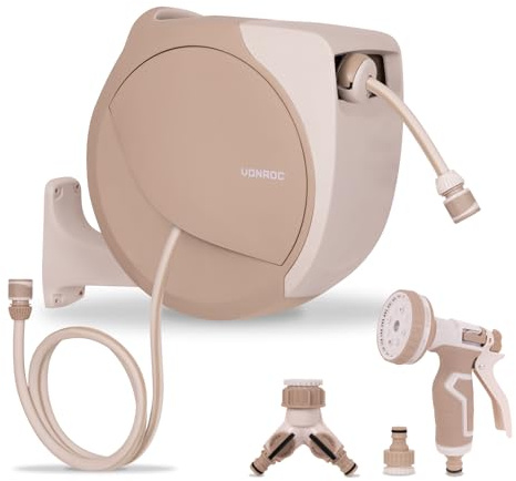 VONROC Avvolgitubo Automatico con Tubo Premium 20 m | Riavvolgimento Automatico | Pistola a 8 Getti | Avvolgitubo da Parete per Irrigazione Giardino, Beige