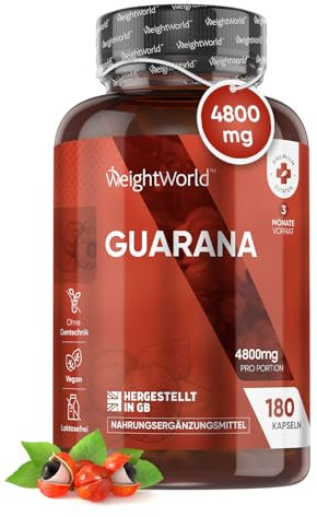 Guarana Kapseln - 4800mg Guarana Pulver pro Portion - 180 Kapseln - 3 Monate Vorrat - Vegan, Ohne Gentechnik & Laktosefrei - Alternative zu Tabletten, Pulver & Shot - WeightWorld