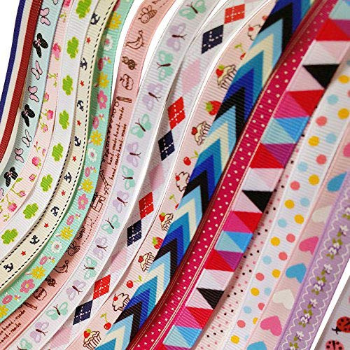 Chenkou Craft 20Yards 3/8 (10mm) Sweet Heart Flower Dot Ladybug Cake Bird Anchor Butterfly Grosgrain Ribbon Assorted Color