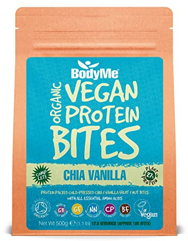 BODYME Organic Vegan Protein Bites – Raw Chia Vanilla - 100% Plant-Based, No Added Sugar – Gluten-Free, Dairy-Free-On-The-Go High Protein Snack- 10g Protein Per Serving (500g - 12.5 Servings)