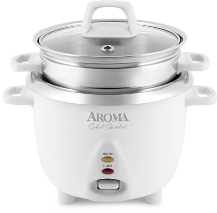Aroma Housewares - Olla arrocera y vaporera de alimentos de acero inoxidable seleccionado, 6 tazas (rendimiento cocido) / 1.2 cuartos de galón, color blanco