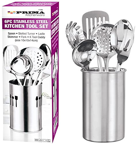 6 x Silver Stainless Steel Kitchen Cooking Tool Set Caddy Non-Stick Kitchenware Cookware Prima Utensils Cutlery Heat Resistant Home Chef, Ladle, Skimmer, Spoon, Slotted Turner, Fork UK Free P&P