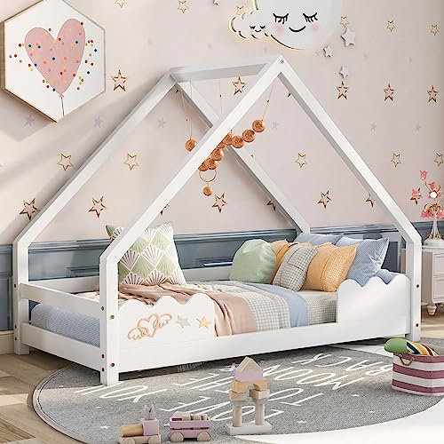 Daesar Kinderbett 80x160 mit Rausfallschutz, Massivholzbette mit Lattenrost, Mondern Hausbett Jugendbett Weiß