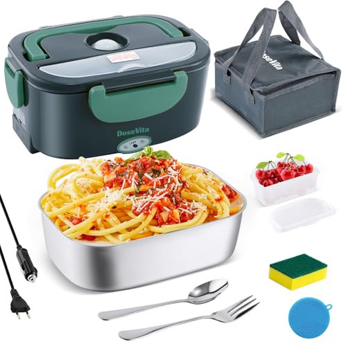 Dosevita 80W Fiambrera Eléctrica,Calentador de Comida Portátil con Recipiente de Acero Inoxidable de 1.5L, 12/24/220V Fiambrera Calentable para Hombre para Coche Camión Trabajo (Verde)
