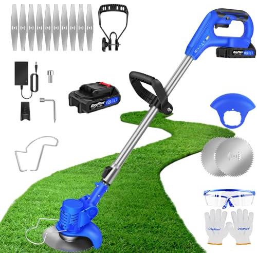 Qimu Coupe-Herbe sans Fil avec Batterie et Lames en métal Coupe Bordure sans Fil DéBroussailleuse à Batterie Electrique Puissante Taille Haie Coupe-Mauvaises Herbes pour la Coupe-Herbe de Jardin