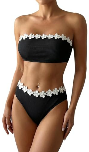 GORGLITTER Women's 3D Floral Bandeau Strapless Bikini Sets Bandeau Swimsuit