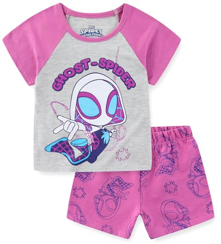 Marvel Spider-Gwen Ghost Spider - Conjunto de camiseta de manga corta y pantalones cortos de rizo francés para niños pequeños, Púrpura, gris , 4 años